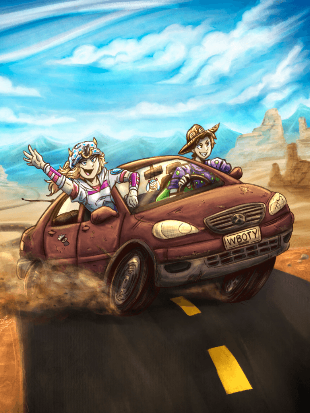Johnny and Gyro driving through the desert in a red car, reimagining Steel Ball Run as a road trip.